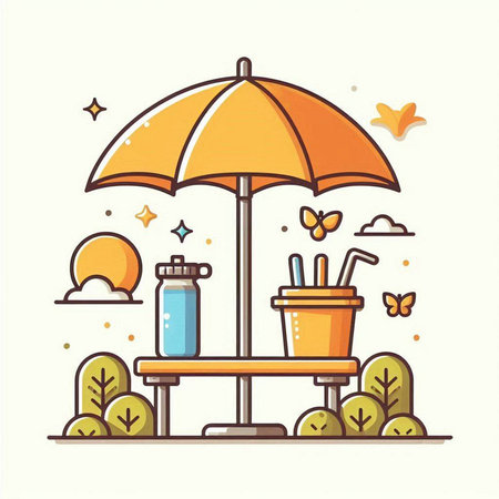 Vector illustration of a picnic table with an umbrella and a cup of coffee.のイラスト素材
