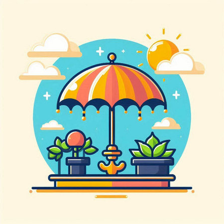 Illustration of umbrella and plants in the park. Vector illustration.のイラスト素材