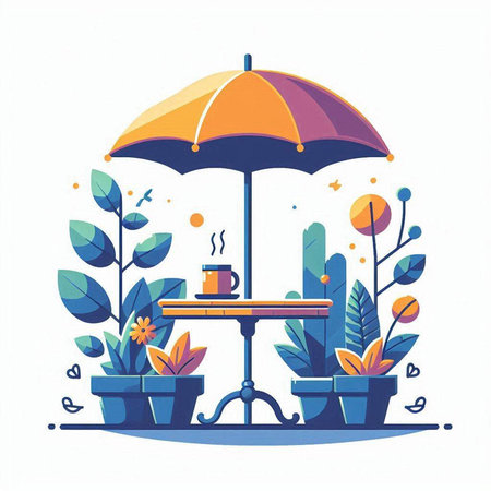 Vector illustration of a coffee shop with umbrellas and plants.のイラスト素材