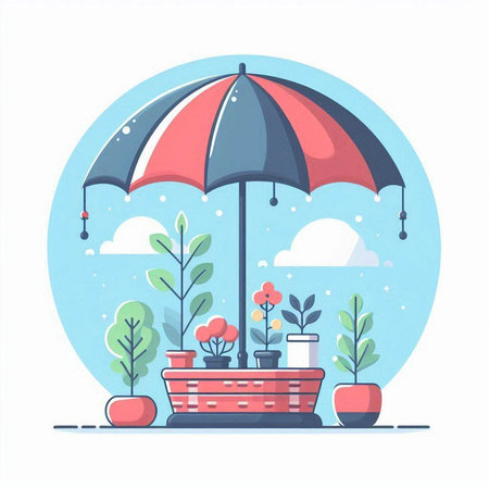 Flat design vector illustration of a house with a garden and an umbrellaのイラスト素材
