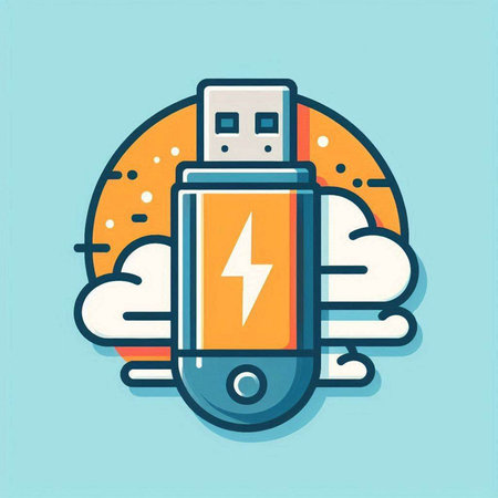 USB flash drive with cloud and lightning. Vector illustration in flat styleのイラスト素材