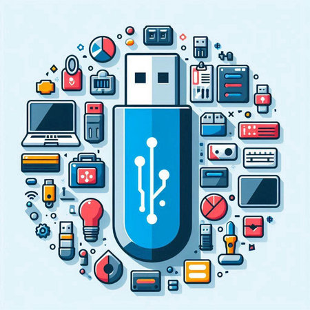 Vector illustration of USB flash drive in flat style with icons on blue background.のイラスト素材