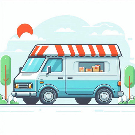 Food truck on the road. Vector illustration in flat design style.のイラスト素材