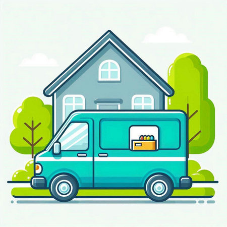 Vector illustration of a blue van with a box in front of the houseのイラスト素材