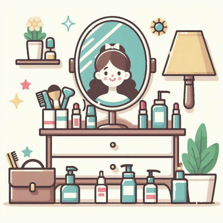 Vector illustration of a girl in front of a dressing table with cosmeticsのイラスト素材
