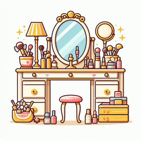 Vector illustration of make up room with mirror, cosmetics and table.のイラスト素材