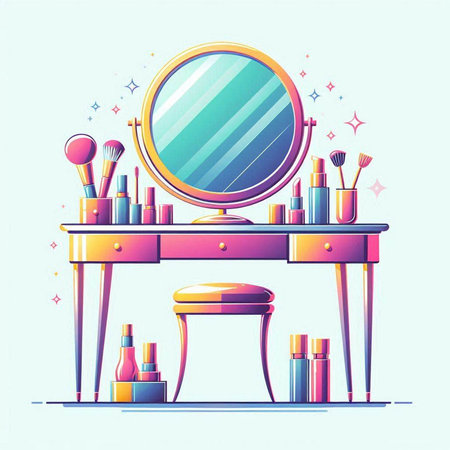 Makeup table with mirror and cosmetics. Vector illustration in flat styleのイラスト素材
