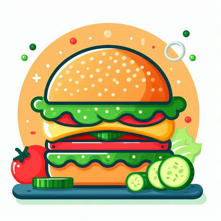 Big hamburger with fresh vegetables. Vector illustration in flat style.のイラスト素材
