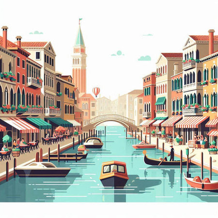 Venice canal with gondolas, Italy. Vector illustration.のイラスト素材