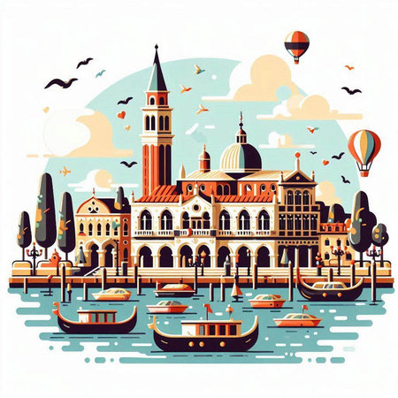 Venice cityscape with gondolas and boats, vector illustrationのイラスト素材