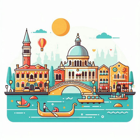 Venice, Italy, vector illustration in flat style on white backgroundのイラスト素材