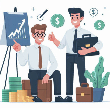 Successful businessman with briefcase and money. Vector illustration in cartoon styleのイラスト素材