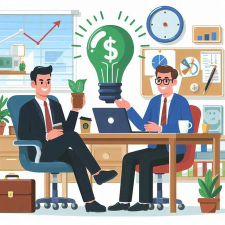 Businessman and businesswoman sitting at office desk with laptop, cup of coffee, lamp and plant in pot. Teamwork, brainstorming concept. Vector illustration in cartoon styleのイラスト素材