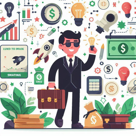 Businessman with money and business icons flat vector illustration. Successful business concept.のイラスト素材