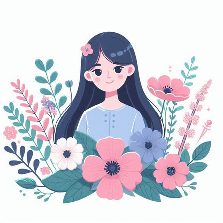 Cute girl with flowers. Vector illustration in a flat style.のイラスト素材