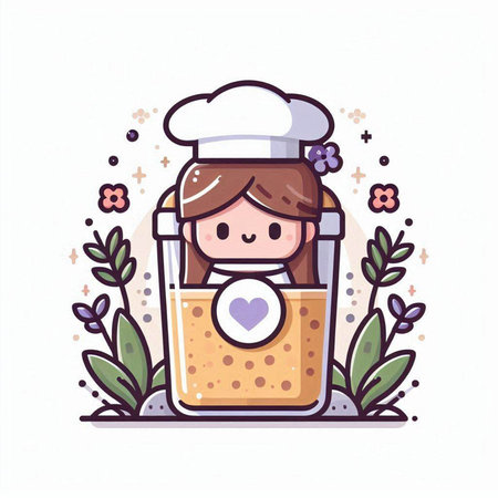 Cute little girl chef with a cup of coffee. Vector illustration.のイラスト素材