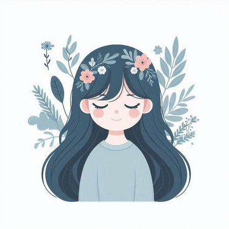 Cute little girl with flowers in her hair. Vector illustration.のイラスト素材