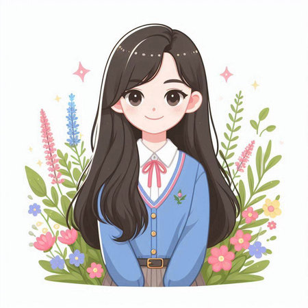 Cute little girl in school uniform with flowers. Vector illustration.のイラスト素材