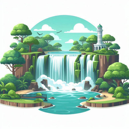 Waterfall in the forest. Waterfall on the river. Vector illustrationのイラスト素材