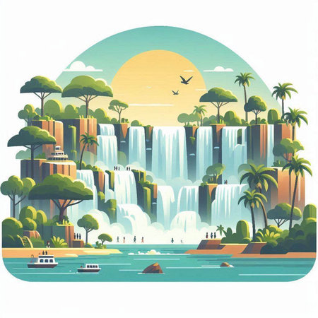 Waterfall in flat style. Landscape with waterfalls. Vector illustration.のイラスト素材