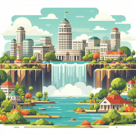 Waterfall and city landscape. Vector illustration in flat design style.のイラスト素材
