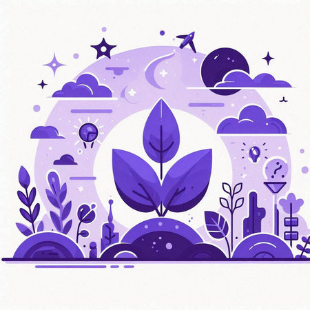 Vector illustration of a fantasy landscape with trees, plants, clouds, moon and stars.のイラスト素材