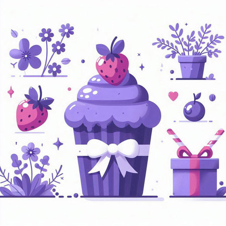 Cupcake with berries, gift box and flowers. Vector illustration.のイラスト素材