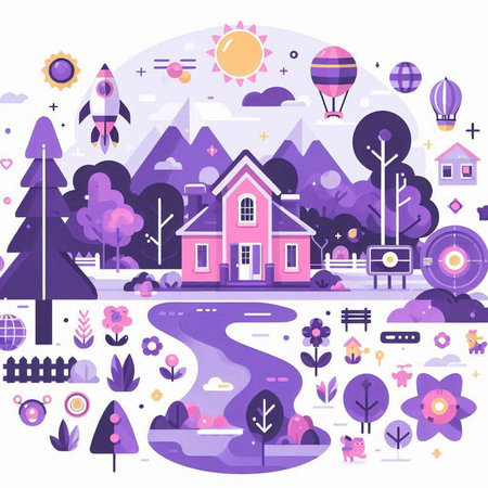 Flat design modern vector illustration concept of natural landscape with house, trees, flowers, bushes, mountains, sun, clouds, birds.のイラスト素材