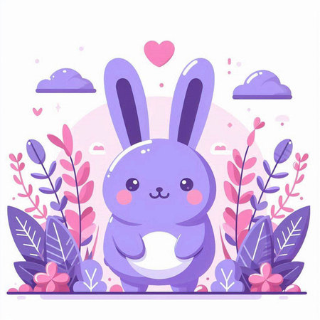 Cute rabbit with flowers and hearts. Vector illustration in cartoon style.のイラスト素材
