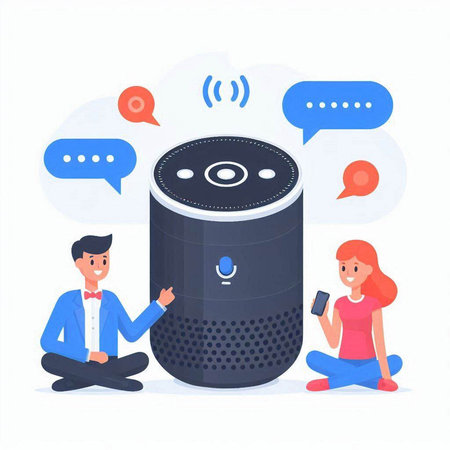 Smart speaker and people. Vector illustration in a flat style. Flat design.のイラスト素材