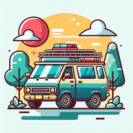 Vector illustration of a camper van with luggage on the roof.のイラスト素材