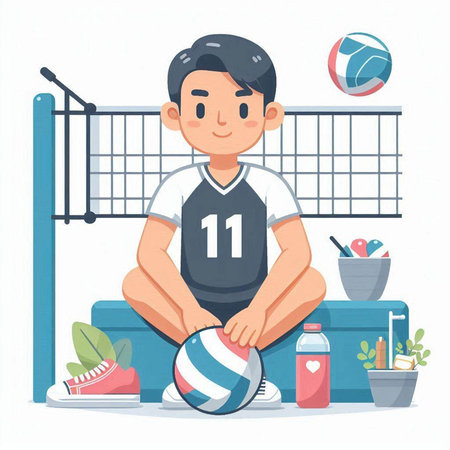 Volleyball player. Young man playing volleyball. Vector illustration in cartoon style.のイラスト素材