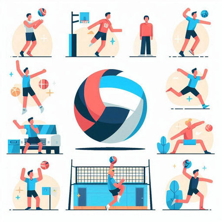 Volleyball players set. Volleyball players, volleyball players, volleyball players, volleyball players isolated vector illustrationのイラスト素材