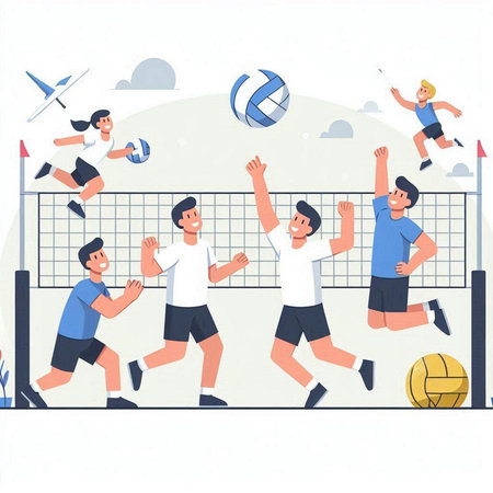 Volleyball players. Men and women playing volleyball. Vector illustrationのイラスト素材