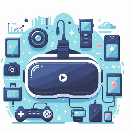 Virtual reality concept. Vector illustration in flat style. VR glasses, gamepad, gamepad, mobile phone.のイラスト素材