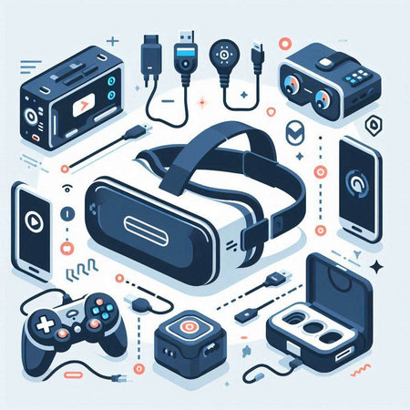 Virtual reality isometric concept with 3d virtual reality headset and gamepad vector illustrationのイラスト素材