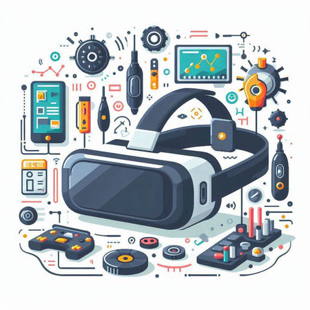Virtual reality headset. Vector illustration in thin line style on white background.のイラスト素材
