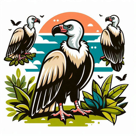 Vultures and birds on a white background. Vector illustration.のイラスト素材