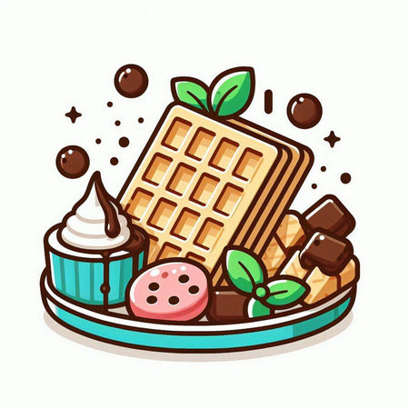Vector illustration of waffle with chocolate, ice cream and mint leavesのイラスト素材