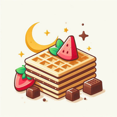 Belgian waffles with strawberries, chocolate and mint. Vector illustration.のイラスト素材
