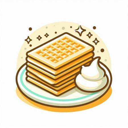 Vector illustration of a stack of waffles with cream on a plateのイラスト素材