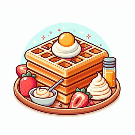 Belgian waffles with whipped cream and strawberries. Vector illustration.のイラスト素材