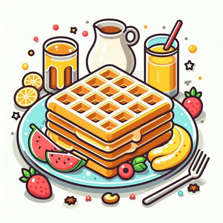 Vector illustration of breakfast. Waffles with honey, fruits and juice.のイラスト素材