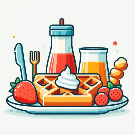 Vector illustration of belgian waffles with honey, strawberry and whipped creamのイラスト素材