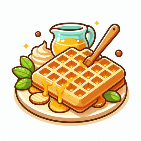 Belgian waffles with honey and ice cream, vector illustration.のイラスト素材