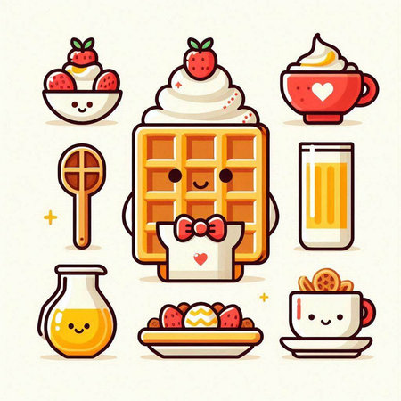 Cute vector set of breakfast icons - waffles, coffee, milk, ice cream, strawberry.のイラスト素材