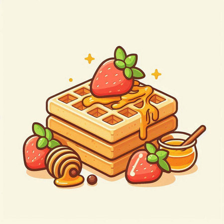 Belgian waffles with honey, strawberries and honeycomb. Vector illustration.のイラスト素材