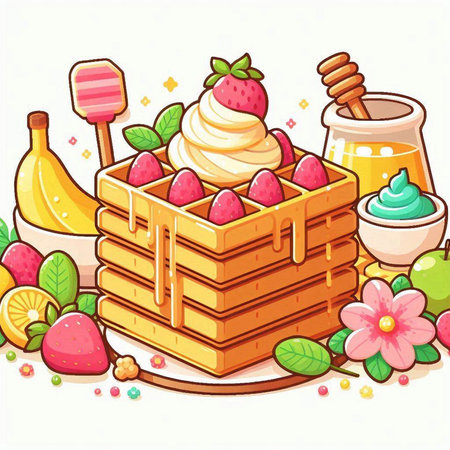 Illustration of a waffle with strawberries, ice cream and fruitsのイラスト素材