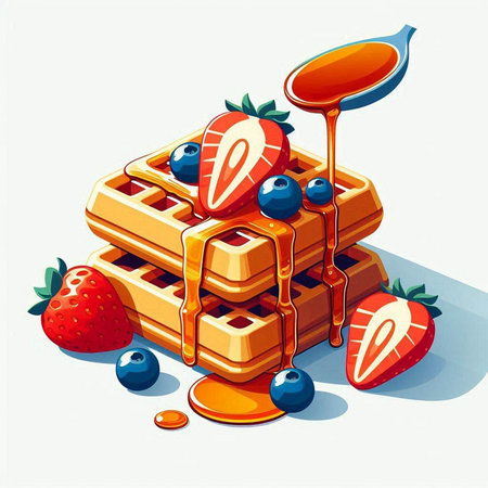 Belgian waffles with fresh berries and syrup. Vector illustration.のイラスト素材