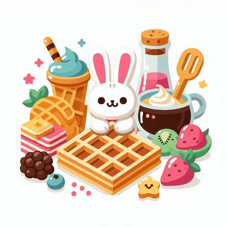 Vector illustration of waffles, ice cream, chocolate candies, ice cream, cookies.のイラスト素材